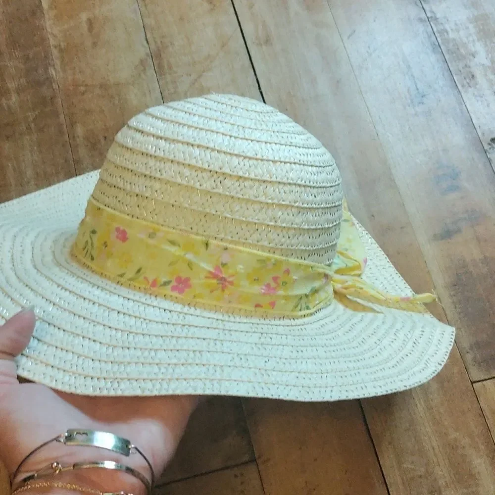 Elegant Cream Sun Hat with Yellow Floral Bow New Size Toddler Girl 2T to 4T